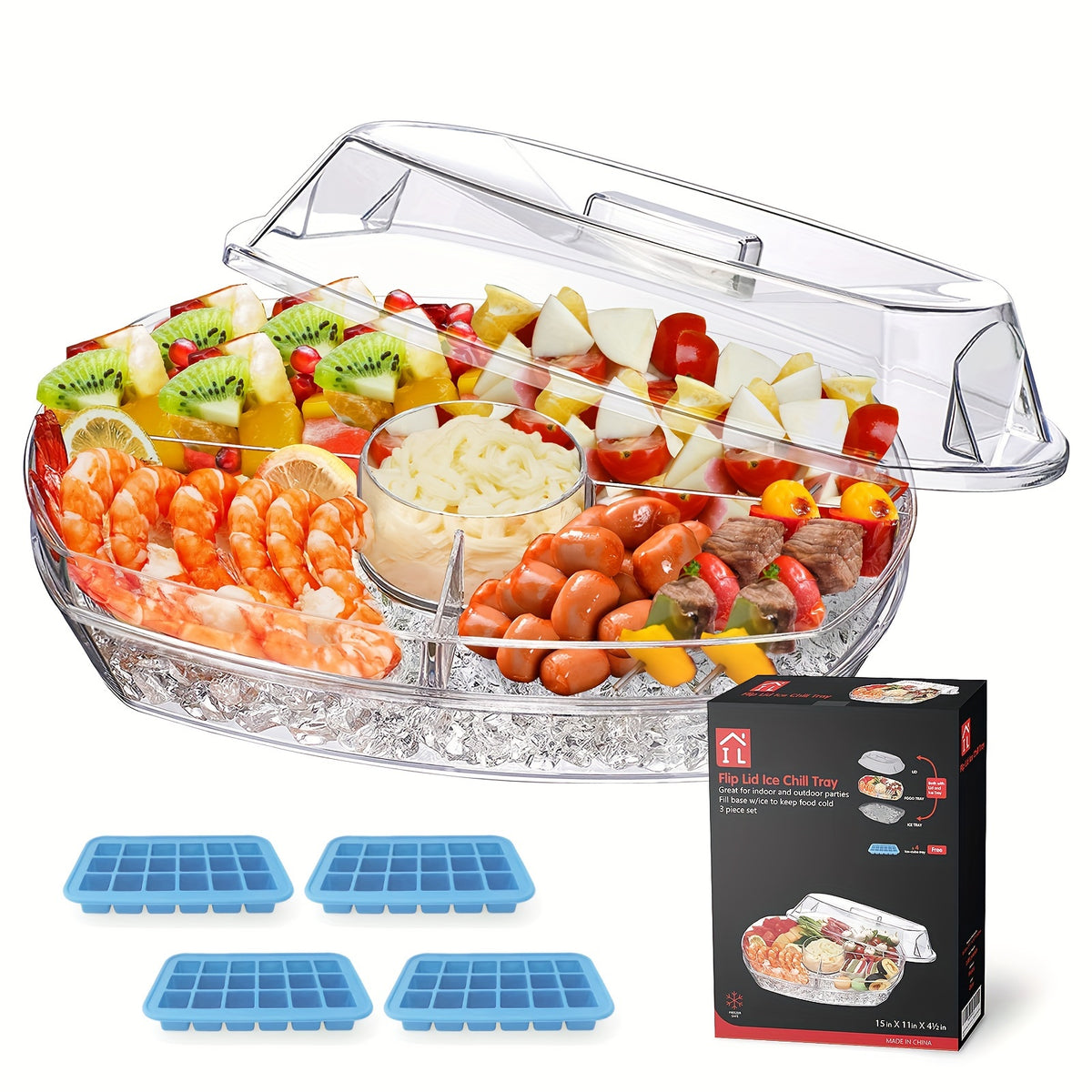 Chilled Serving Tray on Ice with Lid 15 Inch Clear Party Platter with Forks and Pliers for Shrimp Fruit Vegetables Salad Sushi Appetizer Display