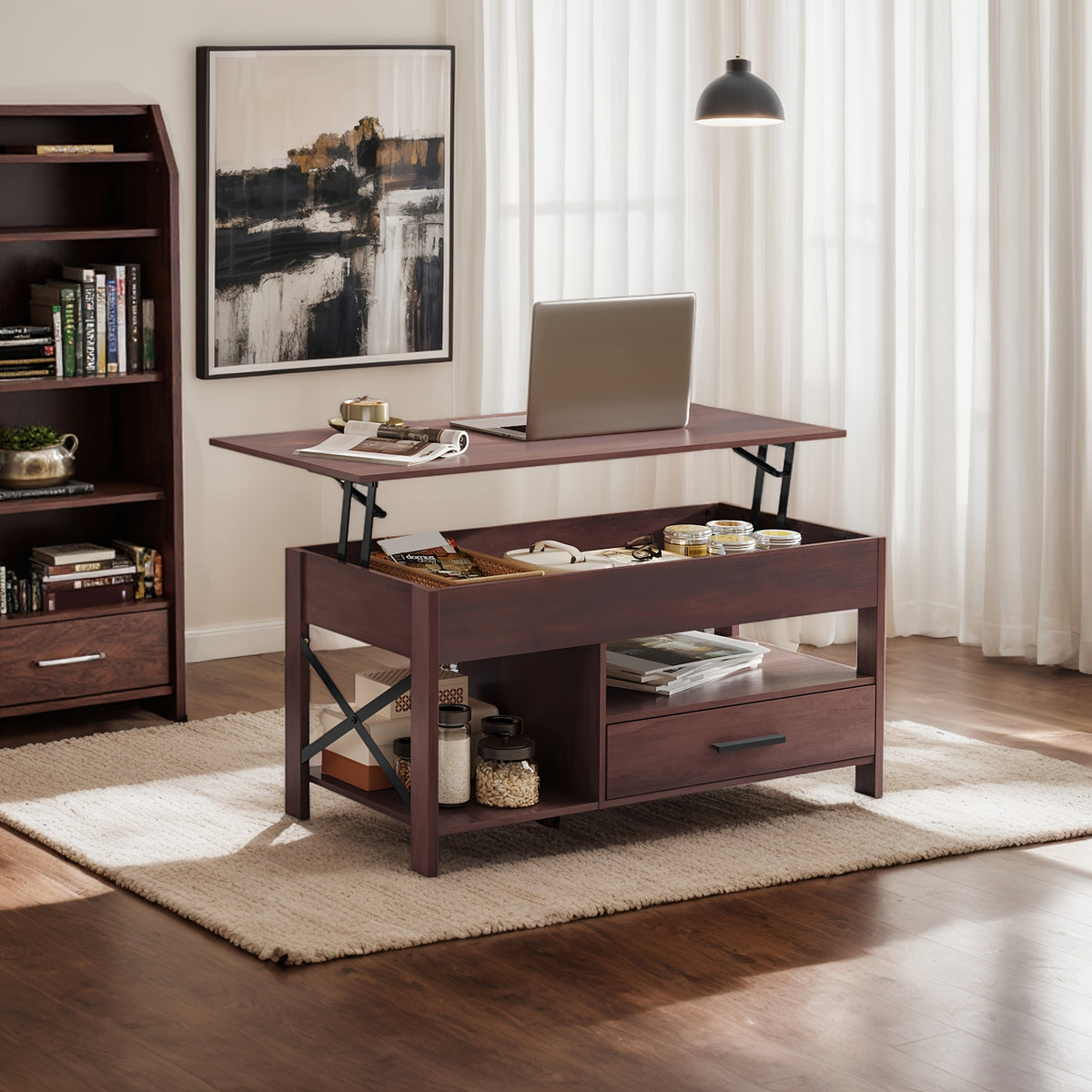 Lift Top Coffee Table with Storage Drawers & Hidden Compartment – Modern Wood Living Room Center Table, Space-Saving Multifunctional Design, 5 Colors