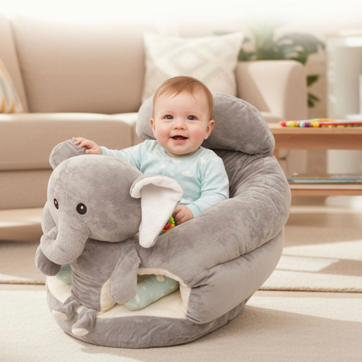 Baby Support Seat Plush Animal Infant Lounger – Ultra-Soft Cushioned Tummy Time Seat for Babies & Toddlers, Non-Toxic Fabric, No Assembly, Elephant Grey, Bear Pink & Bear Khaki