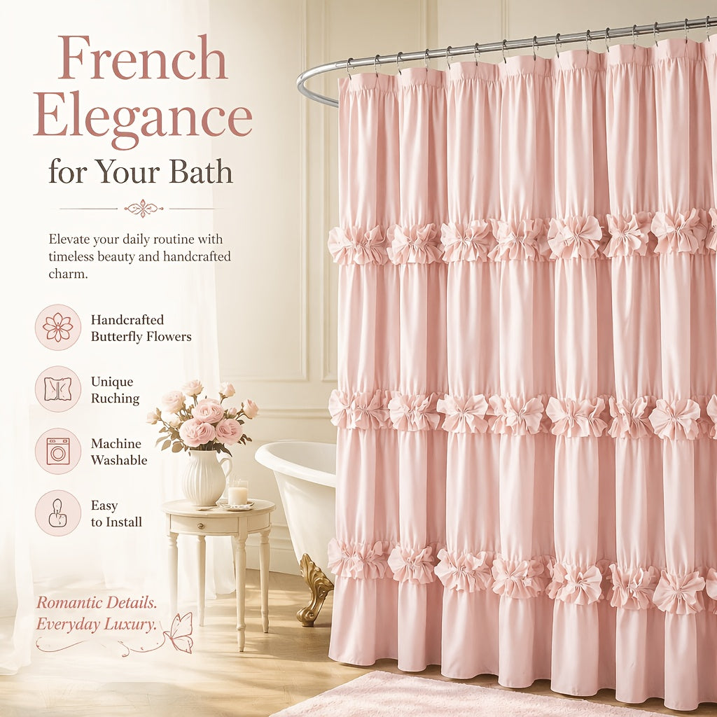 Bow Tie Ruffle Shower Curtain Vintage Handcrafted - Waterfall Ruched Fabric Bath Curtain with Hooks, Quick Dry Machine Washable, Farmhouse Romantic Decor, Multiple Sizes & Colors