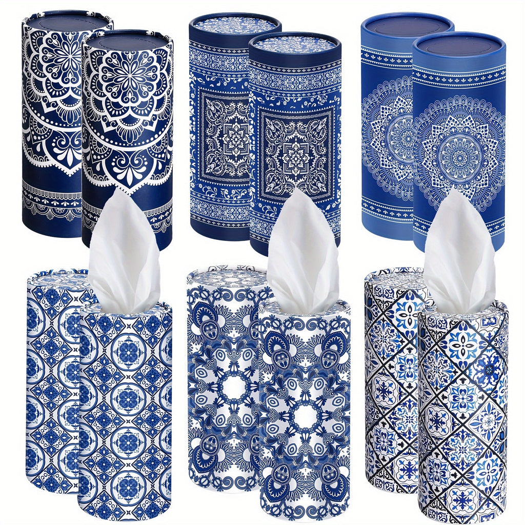 Mandala Round Car Tissue Box Holder 12 Pack, Decorative Cylinder Facial Tissue Container for Car Dashboard & Home, Boho Mandala Pattern Bulk Tissue Dispenser