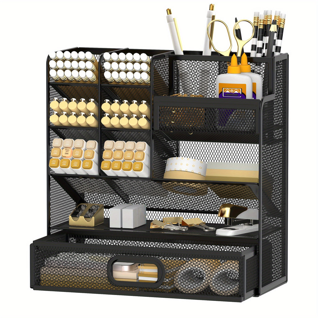 Mesh Desk Organizer with Drawer & Pen Holder – Multifunctional Desktop Organizer for Office Art Supplies, Accessories Storage, Desk Caddy for Home Office School Workspace