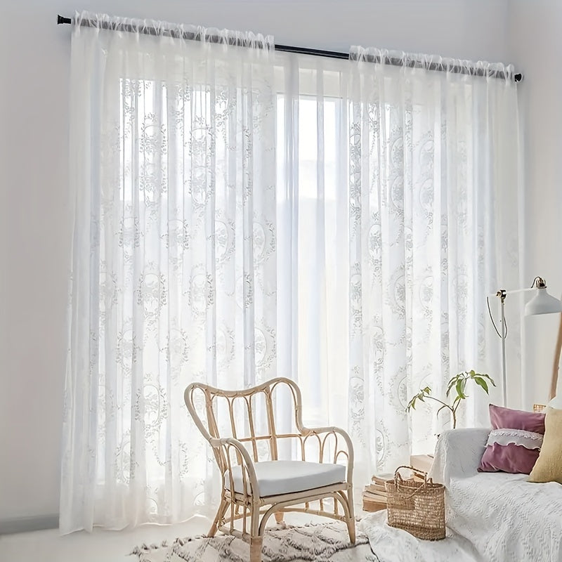 French Lace Curtains 2 Panels - Romantic European Retro Embroidery Floral Semi-Sheer Rod Pocket Drapes, 57" Wide Light Filtering Window Curtains for Living Room Bedroom Balcony, White Green Black