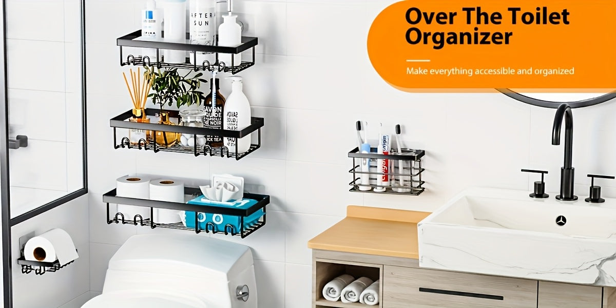 Shower Caddy 5 Pack Self-Adhesive Stainless Steel Shower Organizer Shelf - No Drilling Wall Mounted Bathroom Storage Rack, Large Capacity Rustproof Shower Basket - 10 Color Options