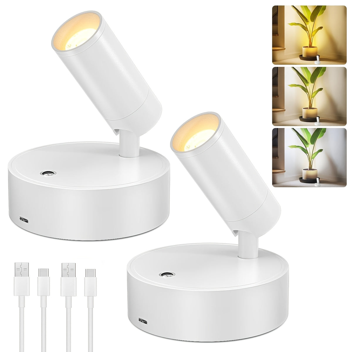 Wireless LED Spotlight 2-Pack Rechargeable Indoor Accent Uplighting 3 Color Dimmable for Plants Pictures Wall Art Decor – Black Gold White
