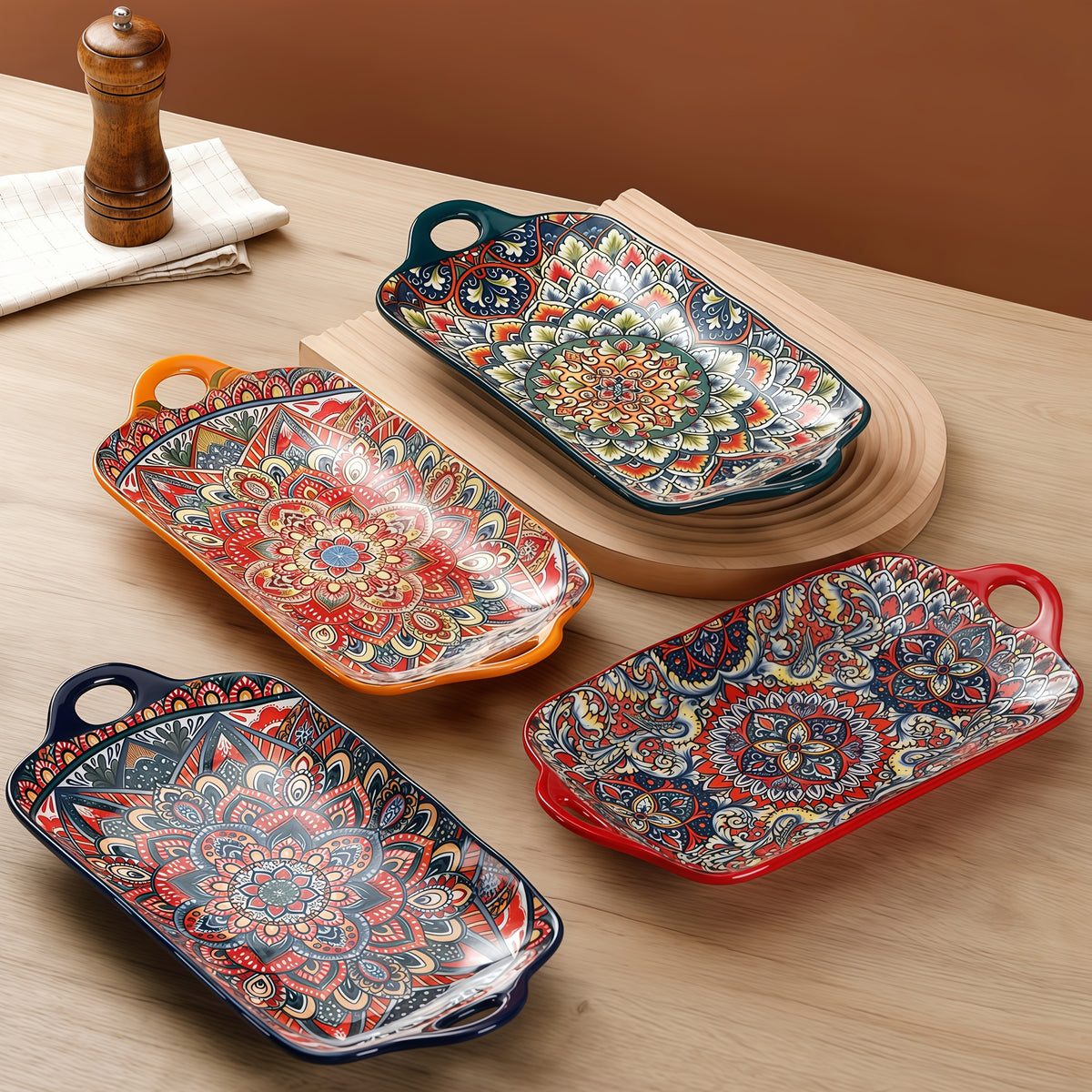 4-Piece Bohemian Ceramic Double-Ear Rectangular Fish Plate Set – Decorative Serving Platter & Baking Tray for Pasta, Steak, Sushi, Salad & Western Cuisine