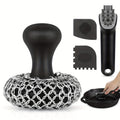 Cast Iron Cleaning Kit with 316 Stainless Steel Chainmail Scrubber – Cleaning Brush, Pan & Grill Scrapers for Skillet, Wok, Grill & Pre-Seasoned Cookware, Ergonomic Cast Iron Care Set