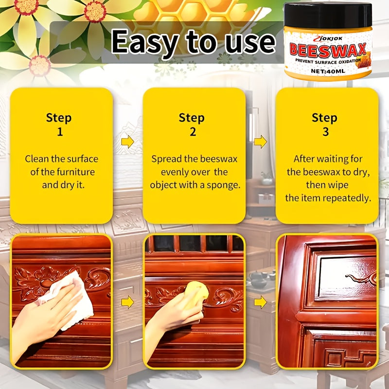Beeswax Wood Polish Liquid Wax 1.35oz with Sponge Non-Toxic Long-Lasting Gloss for Furniture Hardwood Floors Desks Cabinets Multi-Surface Wood Restorer