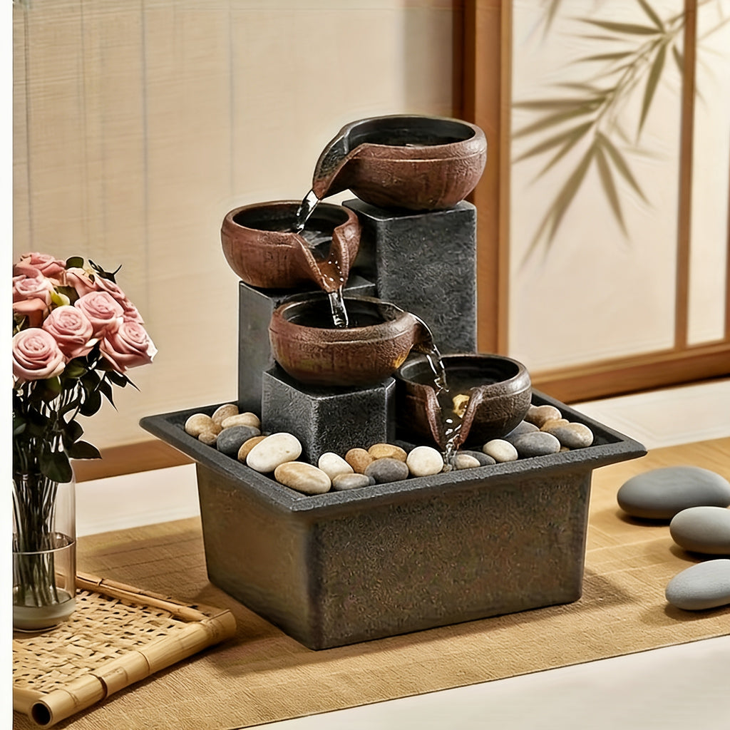 4-Tier Desktop Water Fountain with LED Lights, Decorative Bubble Balls & Natural River Stones, Indoor Tabletop Waterfall Fountain for Home & Office Relaxation, Meditation Zen Decor