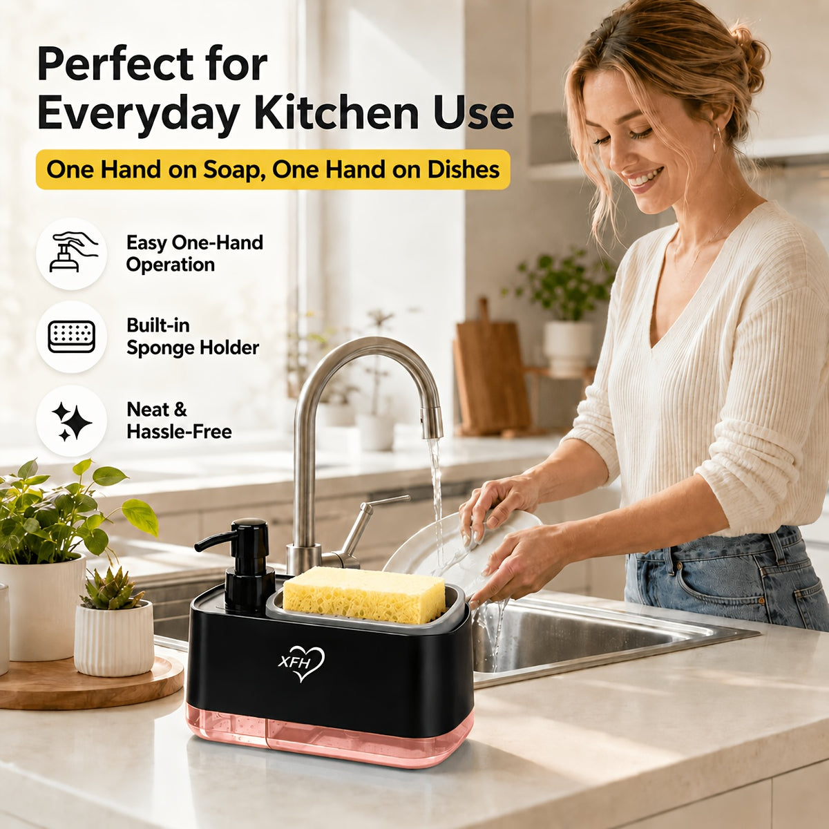 Kitchen Soap Dispenser with 2 Sponges & Dish Brush Holder | BPA-Free Refillable Transparent Pump Dispenser for Sink | Compact Square Design | Black or White