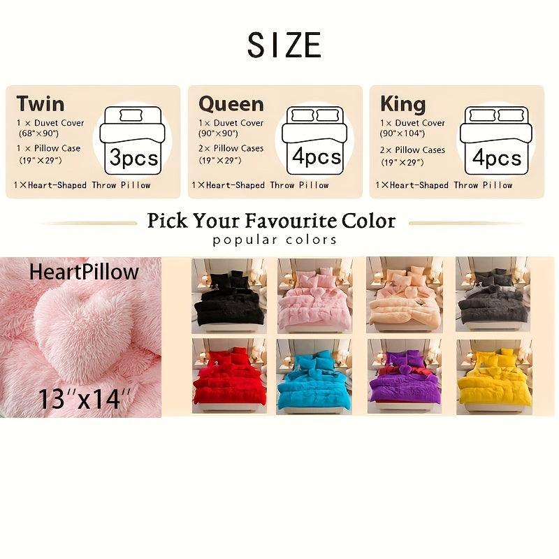 Plush Faux Fur Duvet Cover Set for Kids & Teens, 3/4 Pcs with Pillowcases & Heart Pillow, Super Soft Warm Faux Fur Comforter Cover, Machine Washable Lodge Style Bedding, Twin Queen King