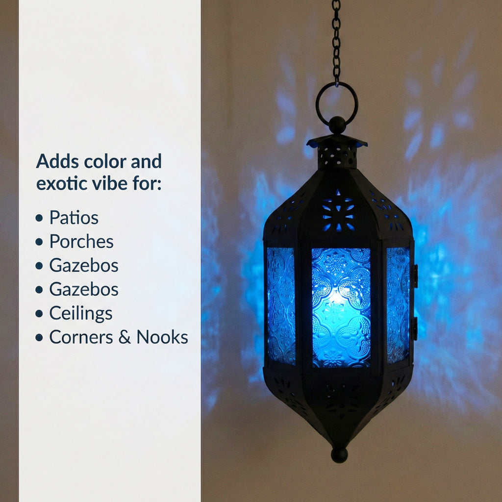 Moroccan Hanging Candle Lantern with Chain – Vintage Boho Style Iron & Glass Tealight Holder for Home, Patio, Garden, Wedding & Ramadan Decor (23.5" Overall)