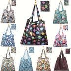 Foldable Shopping Bags 10pcs Reusable - Lightweight Waterproof Polyester Tote Bags with Storage Pockets & Cute Patterns, Eco-Friendly Grocery Bags in Random Colors