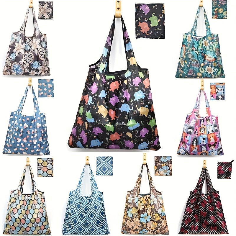 Foldable Shopping Bags 10pcs Reusable - Lightweight Waterproof Polyester Tote Bags with Storage Pockets & Cute Patterns, Eco-Friendly Grocery Bags in Random Colors