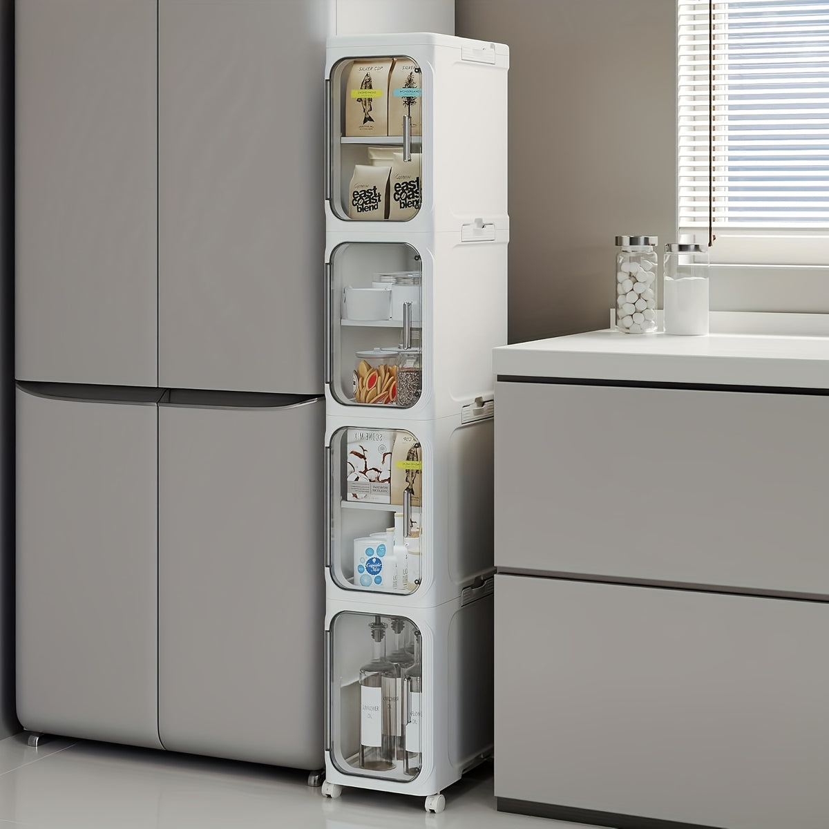Bathroom Storage Cabinet 1 2 3 4 Tier Foldable Plastic Organizer with Doors and Shelves – Space-Saving Under Sink & Counter Solution