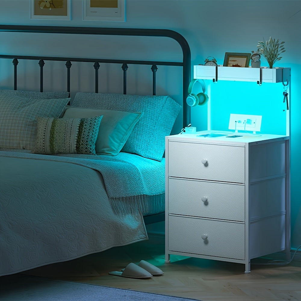 Tall Nightstand with Charging Station LED Lights 3 Fabric Drawers Shelves USB Ports Outlets Oversized Tabletop 4 Hooks Bedside Table for Bedroom Storage