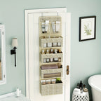 Over-The-Door Hanging Organizer – Set of 2, 5-Shelf with 4 Clear Plastic Pockets, Beige Utility Rack for Closet, Bedroom & Bathroom Storage