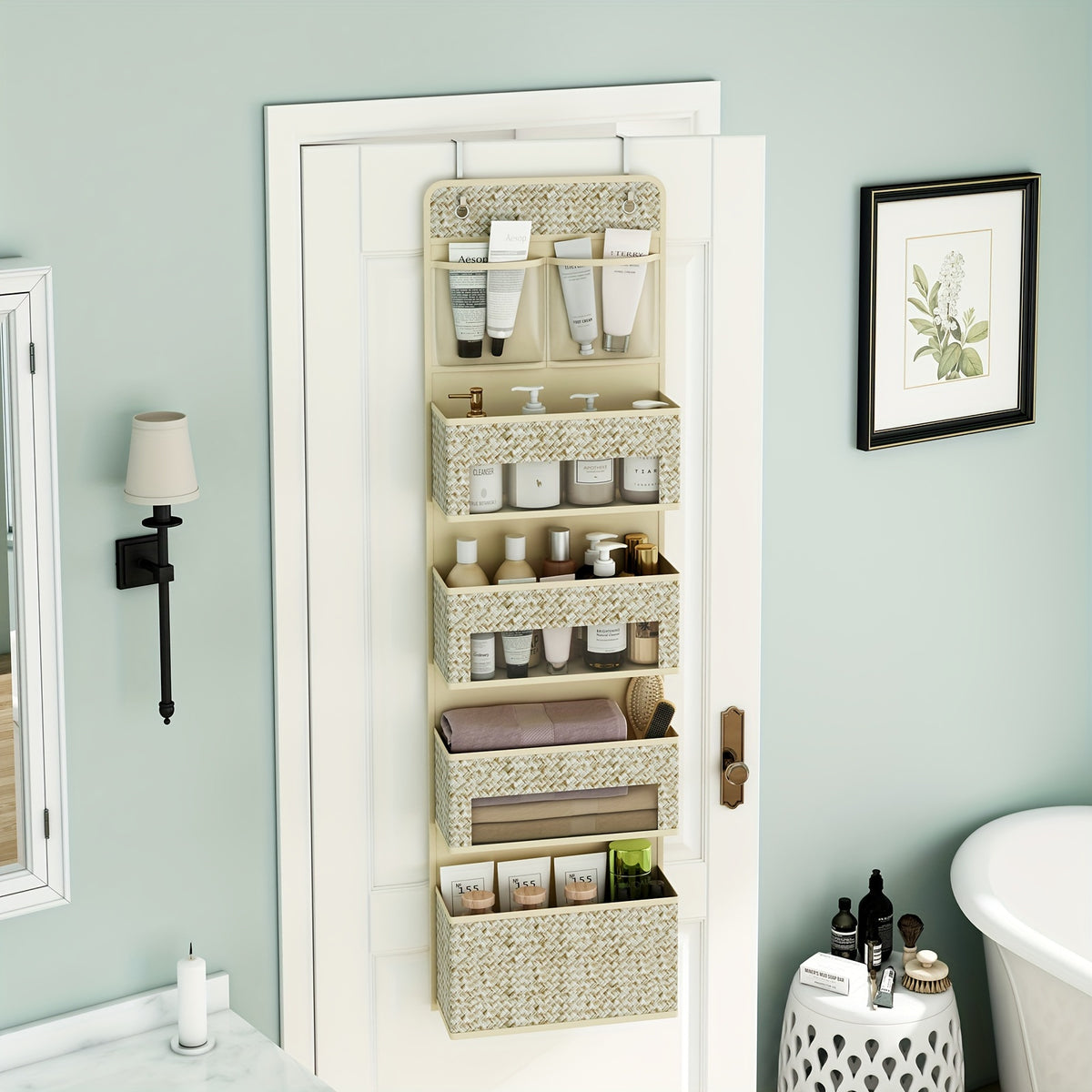 Over-The-Door Hanging Organizer – Set of 2, 5-Shelf with 4 Clear Plastic Pockets, Beige Utility Rack for Closet, Bedroom & Bathroom Storage