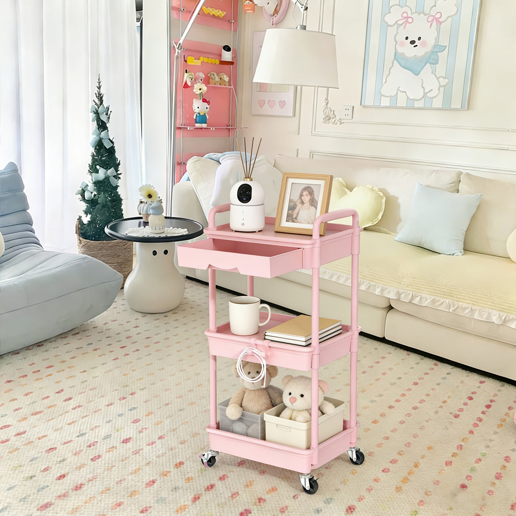 3/4-Tier Rolling Storage Cart with Drawers – Plastic Organizer with Lockable Wheels, Cup Holder & Hooks | Kitchen, Bathroom, Bedroom & Laundry Room