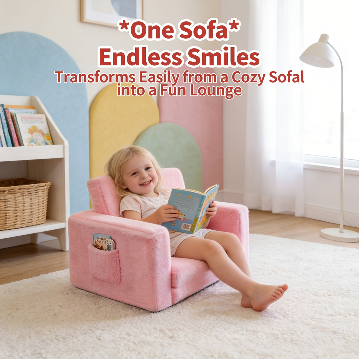 Kids Sofa Chair 2-in-1 Convertible Recliner – Soft Plush Velvet with Storage Pocket & Armrest Pockets, Folding Lounge Chair for Boys & Girls | Pink, Grey & White