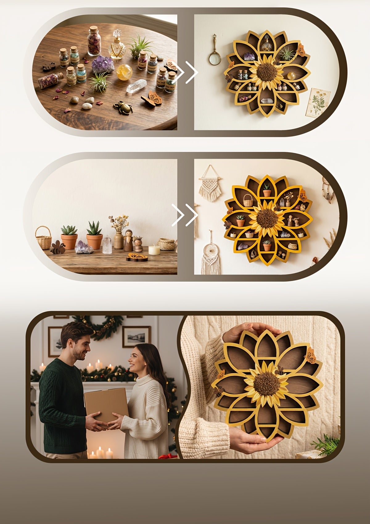 Wooden Sunflower Floating Shelf Wall-Mounted UV Printed Spiritual Decor – Crystal & Essential Oil Organizer, Meditation Room Wall Art, Living Room Storage Shelf