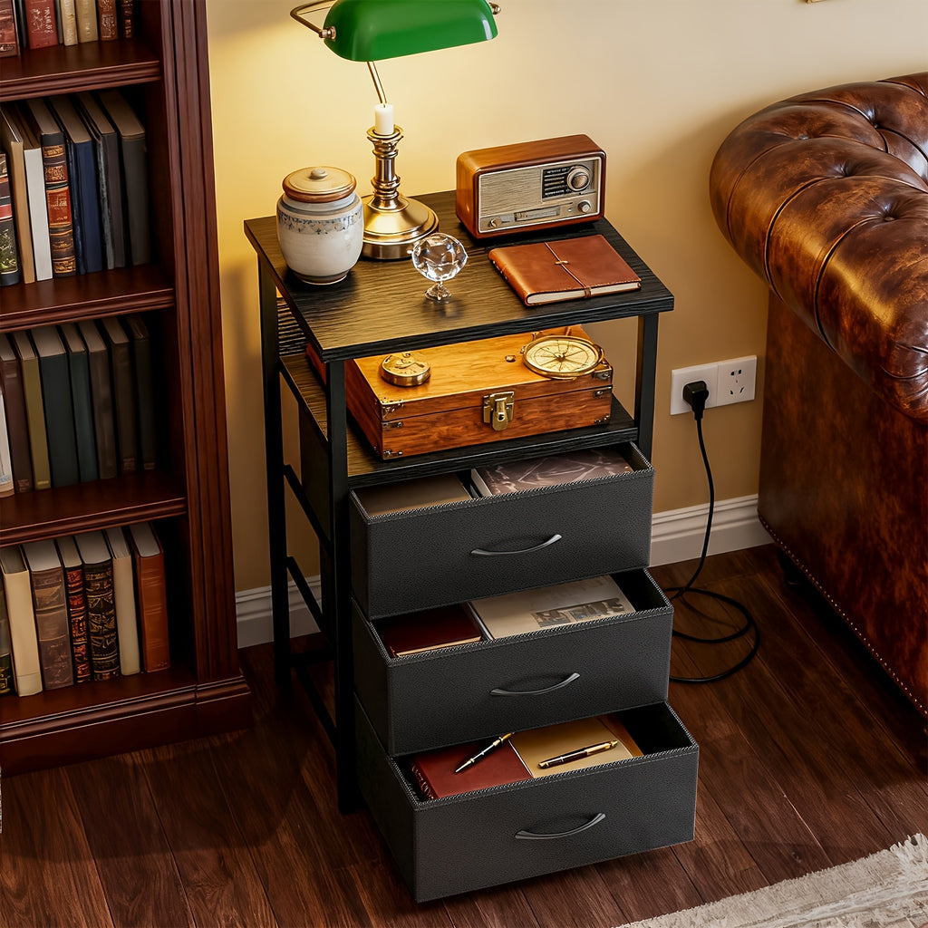 USB Charging Nightstand with 3 Drawers and Storage Shelf Side End Table Heavy Duty Night Stand for Bedroom Dorm Small Spaces USB Port and Power Outlet