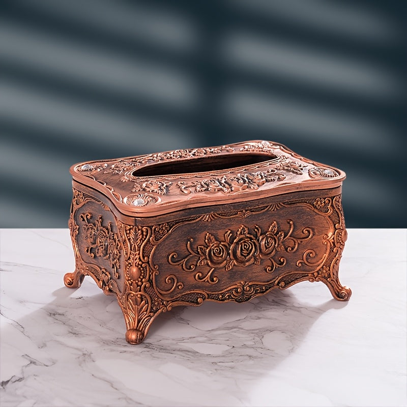 European Retro Luxury Tissue Box Cover | Decorative Antique-Style Facial Tissue Holder for Living Room, Bathroom & Restaurant | Antique Gold, Silver or Vintage Red