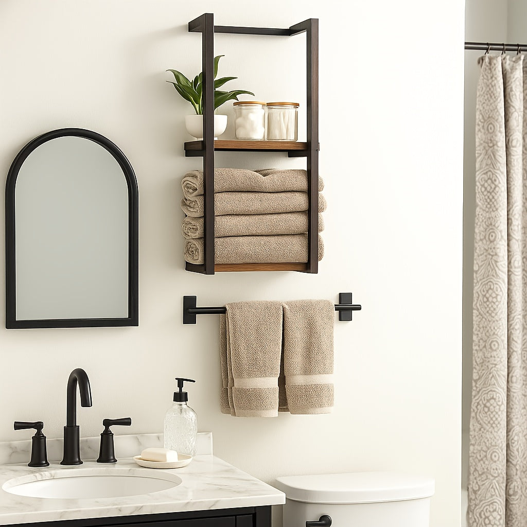 Double Layer Wall Mounted Towel Rack – French Countryside Style Iron Bathroom Storage Rack for Towels & Toiletries, Sturdy Walnut Black Metal Organizer, 1 or 2 Piece Set