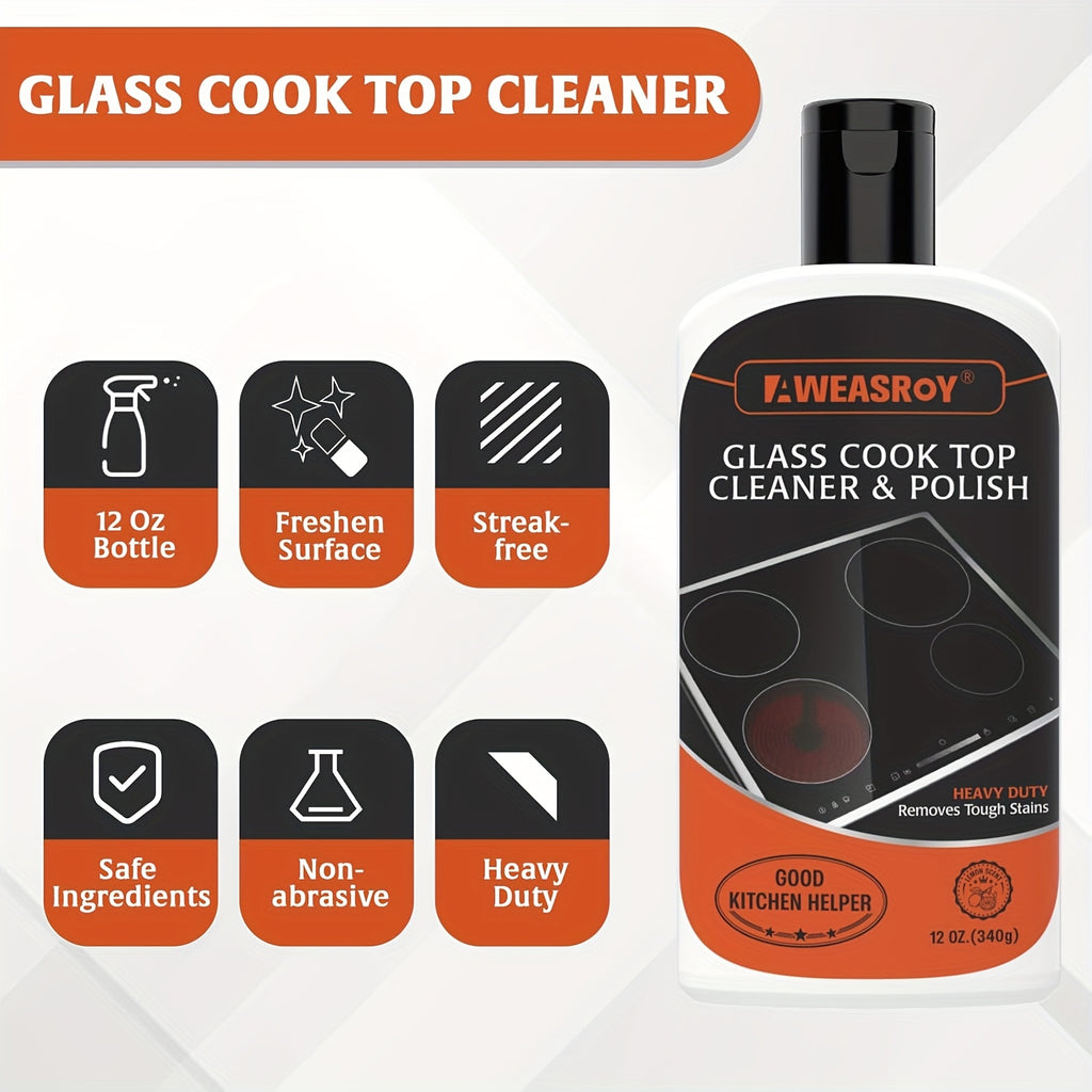 Glass Stove Top Cleaner Kit, 12oz Non-Abrasive Cooktop Cleaner & Polish – No-Scratch Formula, Removes Tough Stains, with Scrubbing Pad, Scraper & Cloth