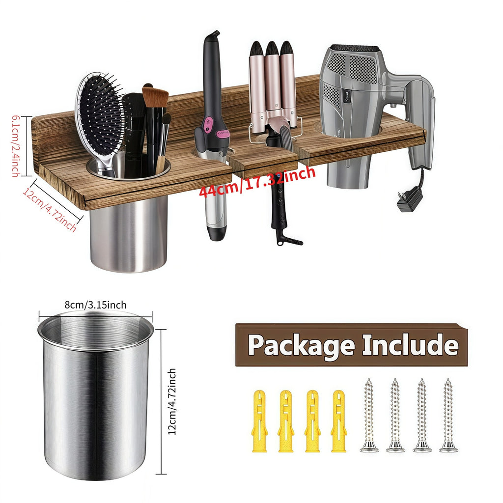Wall Mounted Wooden Hair Tool Organizer – Multi-Functional Storage Rack for Hair Dryer, Curling Iron, Straightener & Brushes, Rustic Bathroom & Salon Organizer, Brown or Black
