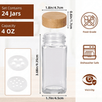 Glass Spice Jars Set with Acacia Wood Lids - 4oz Square Spice Bottles with Shaker Lids, Labels & Grinders for Kitchen Spice Storage and Organization