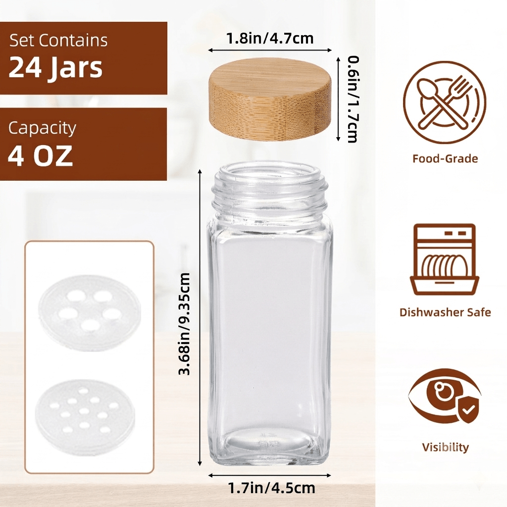 Glass Spice Jars Set with Acacia Wood Lids - 4oz Square Spice Bottles with Shaker Lids, Labels & Grinders for Kitchen Spice Storage and Organization