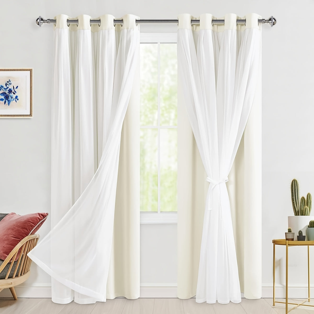 Double Layer Blackout Curtains with Sheer Overlay 2 Panels - Grommet Top Thermal Insulated Mix & Match Window Drapes with Tiebacks for Bedroom Living Room, All Season