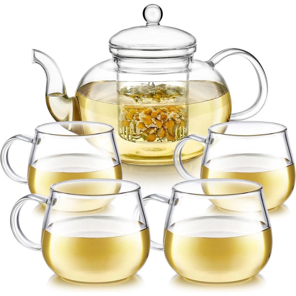 1000ml Borosilicate Glass Teapot with Removable Infuser – Gooseneck Loose Leaf Tea Pot, Microwave & Stovetop Safe, Gift Box Included (Teapot Only or Set with 4 Cups)