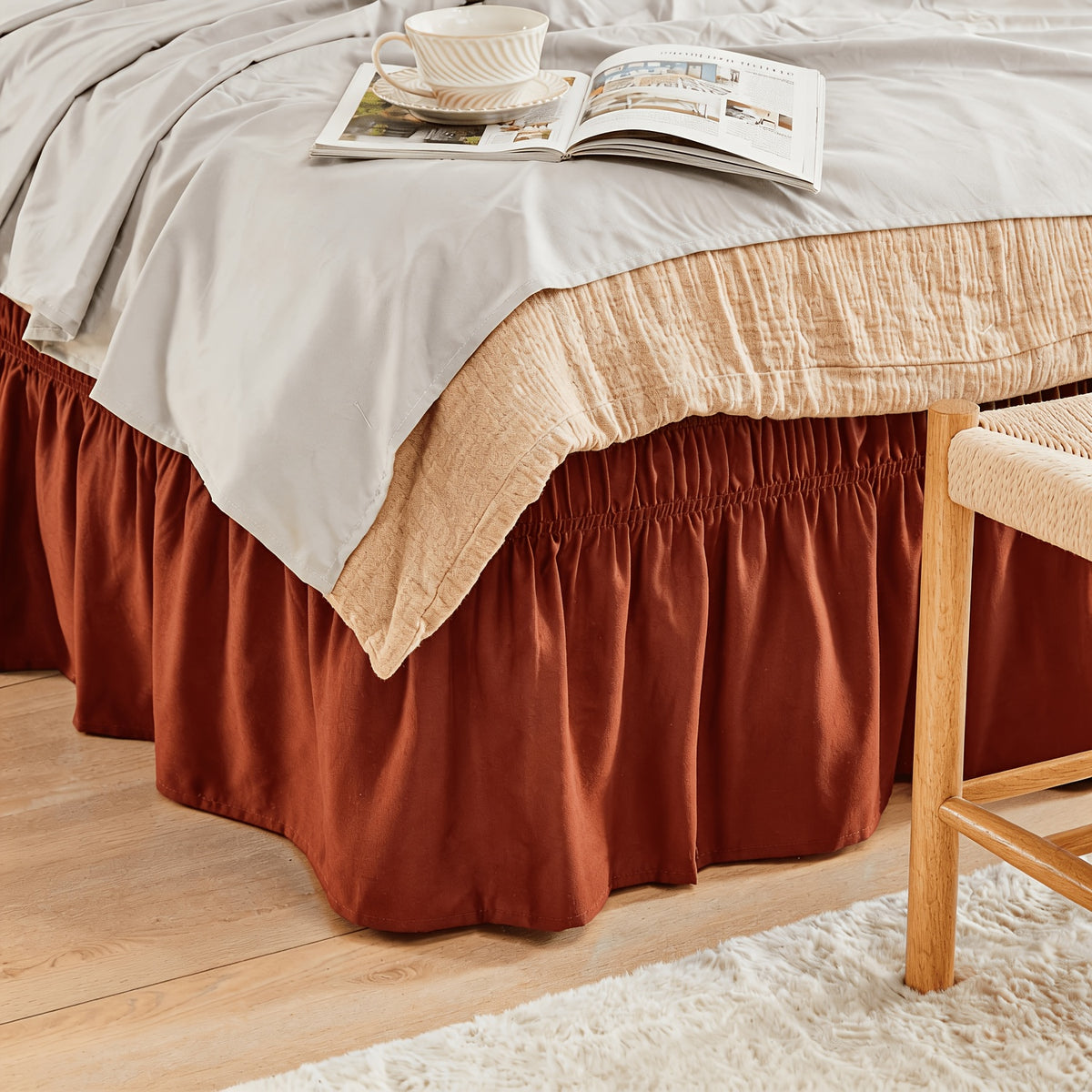 Elastic Wrap Around Bed Skirt No-Lift, 15 Inch Drop Microfiber Dust Ruffle, 30 Fade-Resistant Colors, Machine Washable, Twin Full Queen King Size