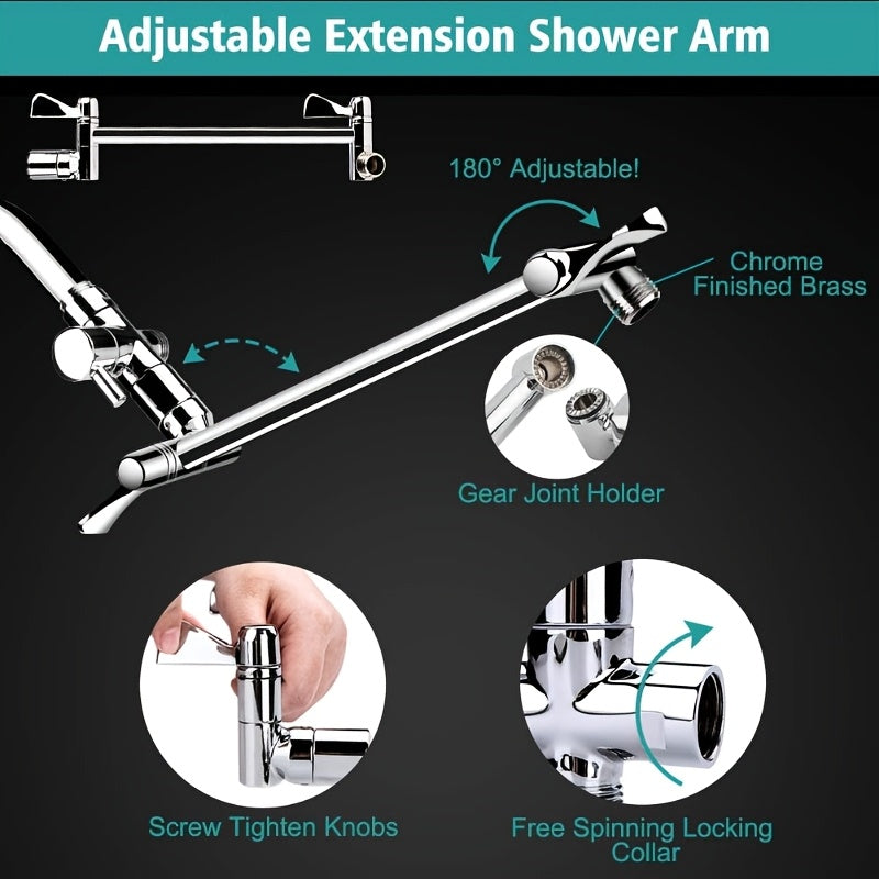 High Pressure Rainfall & Handheld Shower Head Combo, 9 Spray Settings, 11" Extension Arm, Leak-Proof Wall-Mounted, Height & Angle Adjustable, Holder & Hose Included – Chrome & Black, 8"/10"/12"