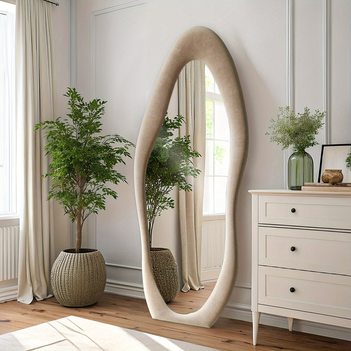 Full Length Mirror 63x24 Inch Irregular Body Floor Mirror with Flannel Frame Leaning Wall Hanging Mirror for Bedroom Entryway Living Room