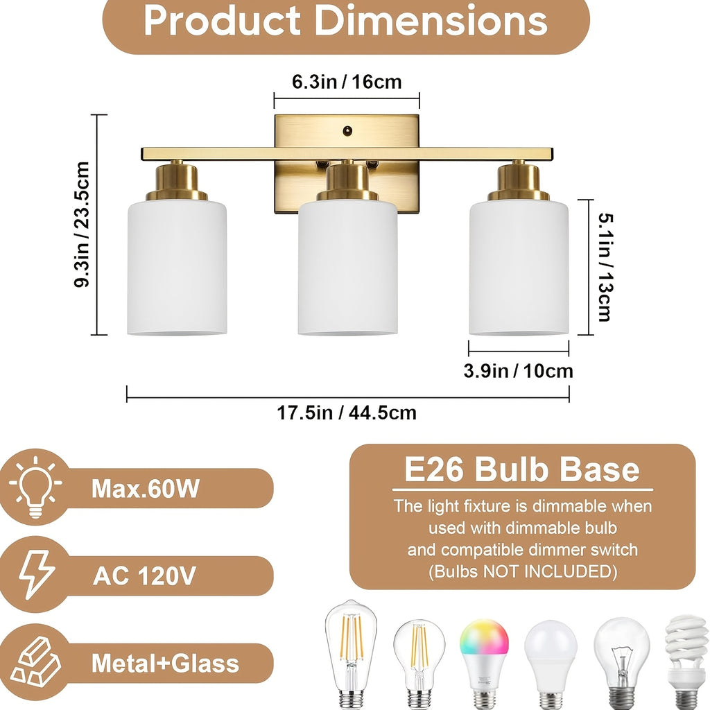 3-Light Modern Vanity Light Fixture Wall Sconce with Milk White Glass Shade E26 Socket - Bathroom Mirror Light for Living Room Bedroom Hallway, Golden / Brushed Nickel / Black