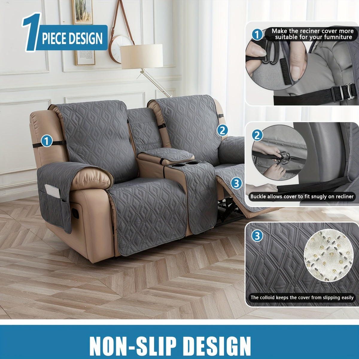 Loveseat Recliner Cover with Center Console – 4-Piece Set 100% Waterproof Dual Recliner Slipcover with Straps, Split Reclining Sofa Protector for Pets & Kids, Living Room Furniture Cover