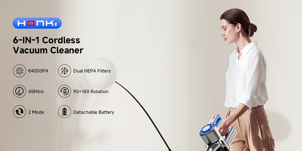Cordless Vacuum Cleaner 54-64 KPA Lightweight with Anti-Tangle Brush, Removable Battery & Green LED – 45-Min Runtime for Carpet, Pet Hair, Hardwood Floors & Car Detailing