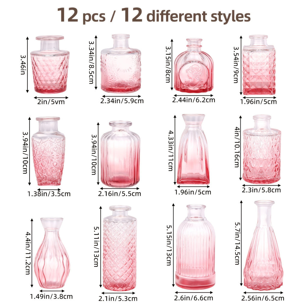 Pink Teardrop Glass Bud Vases 12/36pcs – Vintage Carved Glass Flower Vases for Wedding Decoration, Bridal Shower, Home Table Flower Arrangements & Party Favors