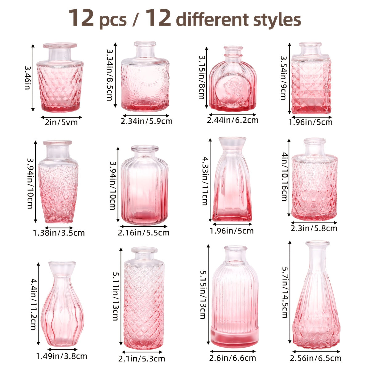 Pink Teardrop Glass Bud Vases 12/36pcs – Vintage Carved Glass Flower Vases for Wedding Decoration, Bridal Shower, Home Table Flower Arrangements & Party Favors