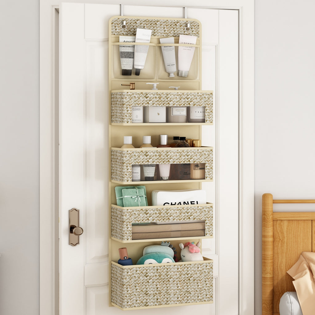 Over-The-Door Hanging Organizer – Set of 2, 5-Shelf with 4 Clear Plastic Pockets, Beige Utility Rack for Closet, Bedroom & Bathroom Storage