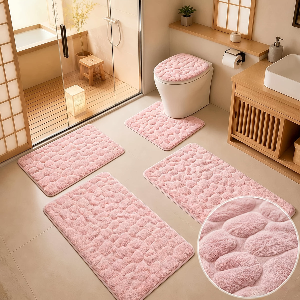 Super Absorbent Bath Mat Set 5 Piece Non-Slip Ultra Soft Bathroom Rugs, Premium Floor Mats for Bathtub Shower Vanity, 4 Colors Available