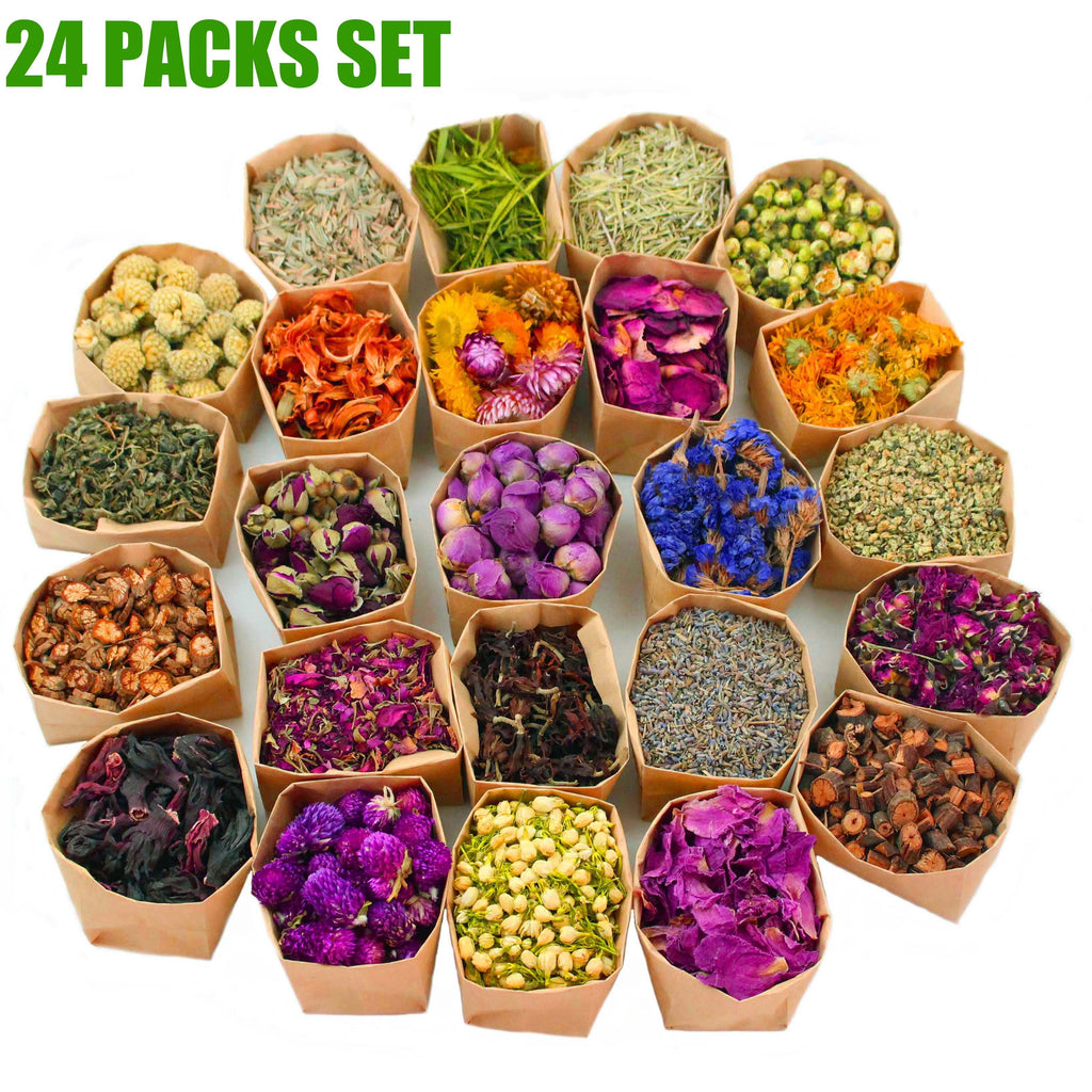 Dried Flowers Craft Set 24pcs Roses Jasmine Peony Lavender Forget-Me-Not Dried Plant Kit for Resin Jewelry Making DIY Candle Soap Scrapbooking Seasonal Decor