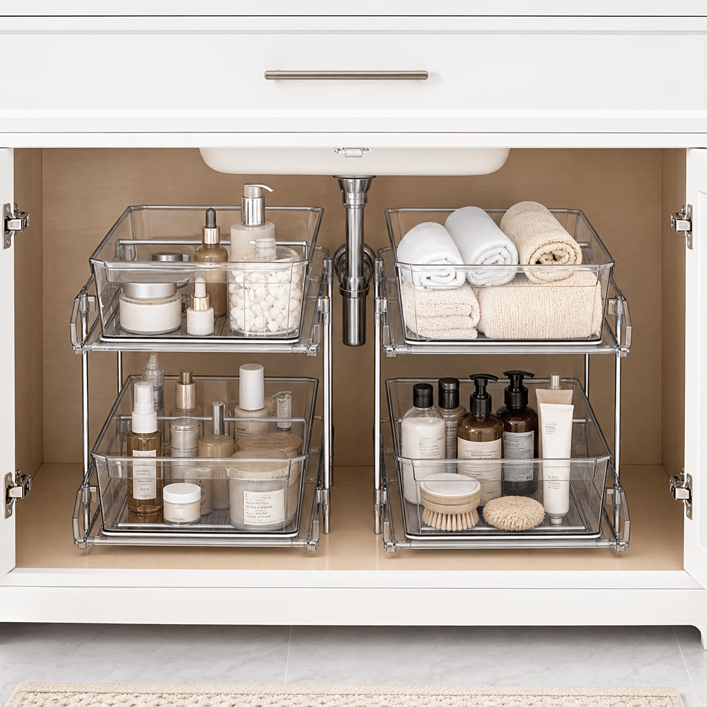 Transparent Pull-Out Storage Organizer – Double-Layer Slide-Out Cabinet Basket for Bathroom Vanity, Under-Sink & Kitchen, Space-Saving Plastic Shelf (1 or 2pcs)