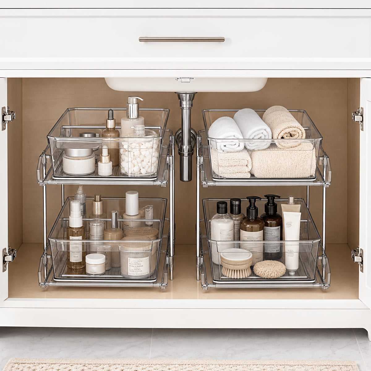 Transparent Pull-Out Storage Organizer – Double-Layer Slide-Out Cabinet Basket for Bathroom Vanity, Under-Sink & Kitchen, Space-Saving Plastic Shelf (1 or 2pcs)