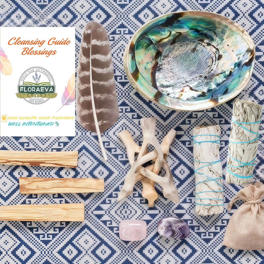 Floraeva Home Cleansing & Incense Gift Set – White Sage, Palo Santo, Abalone Shell, Crystal Stone, Incense Feathers & Stand for Home Protection, Positive Energy, Spiritual Decor & Holiday Gifting