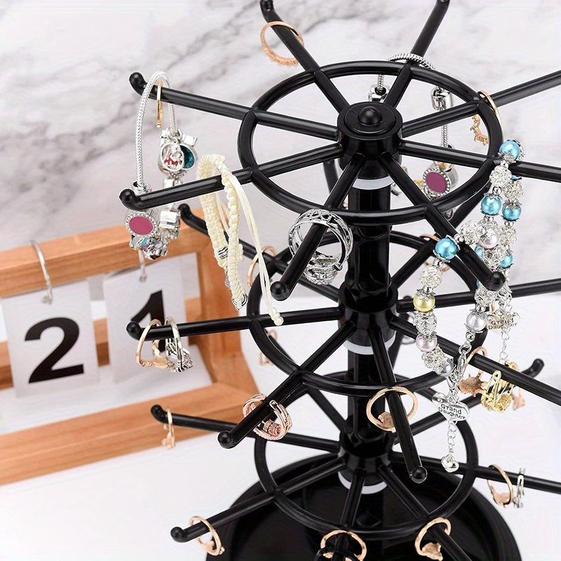 Rotating Jewelry Stand 2-Tier Black Plastic Necklace Bracelet Earring Keychain Hanging Organizer Display Rack for Dressing Table Counter – 360° Spinning Tabletop Jewelry Tower Holder