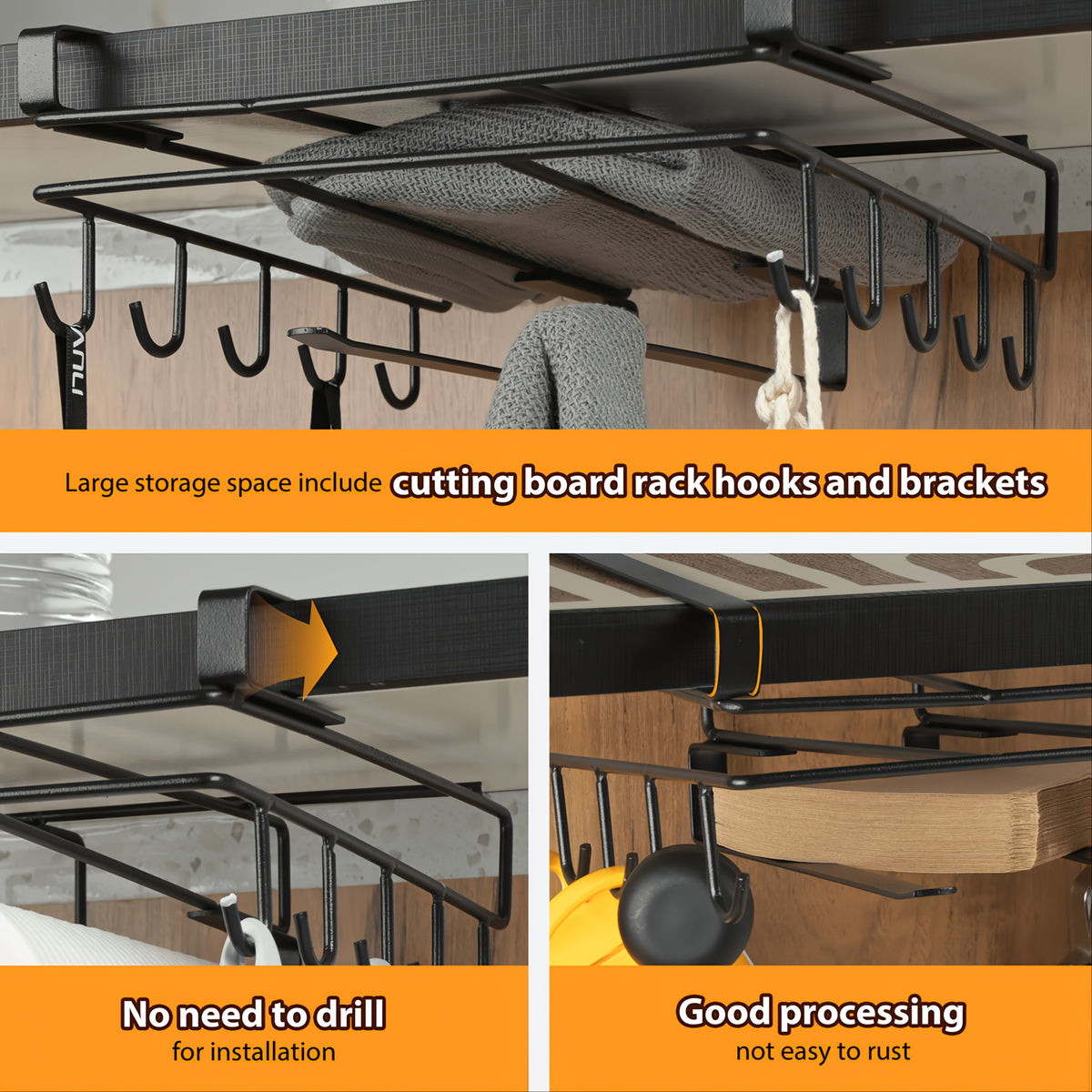 Under Cabinet Cutting Board Rack No-Drill – Carbon Steel Chopping Board Holder with Double-Row Hooks for Kitchen Utensils, Paper Towels & Spatulas | Multi-Use Under-Cabinet Storage Organizer